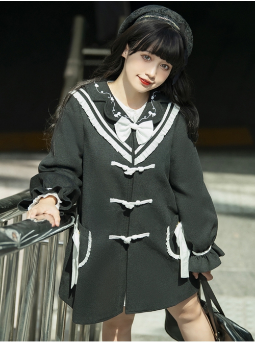 Nautical Diary Series College Style White Bowknot School Lolita Mid-length Black Woolen Coat