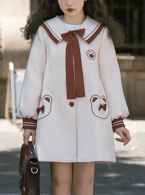 Bear Park Series Autumn Winter Retro College Style School Lolita Beige Mid-length Woolen Coat