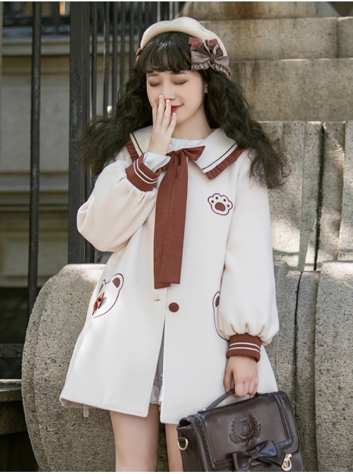 Bear Park Series Autumn Winter Retro College Style School Lolita Beige Mid-length Woolen Coat