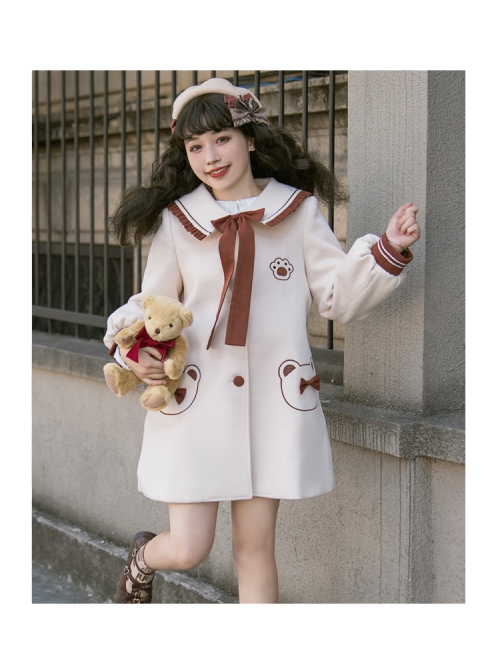 Bear Park Series Autumn Winter Retro College Style School Lolita Beige Mid-length Woolen Coat