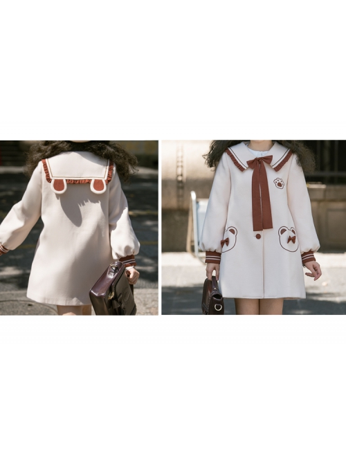 Bear Park Series Autumn Winter Retro College Style School Lolita Beige Mid-length Woolen Coat