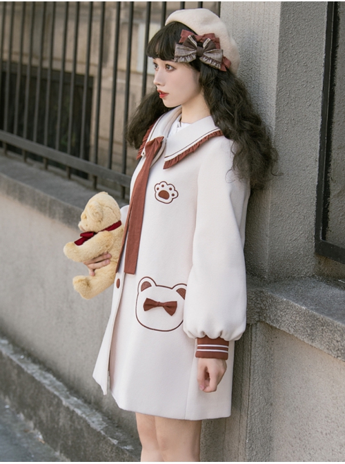 Bear Park Series Autumn Winter Retro College Style School Lolita Beige Mid-length Woolen Coat