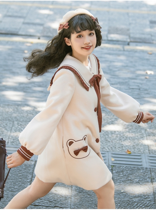 Bear Park Series Autumn Winter Retro College Style School Lolita Beige Mid-length Woolen Coat