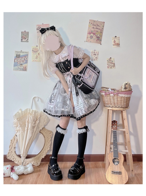 Little Tengu Series JSK Black Printing Tulle Hem Black Cute Punk Street Gothic Lolita Sling Dress
