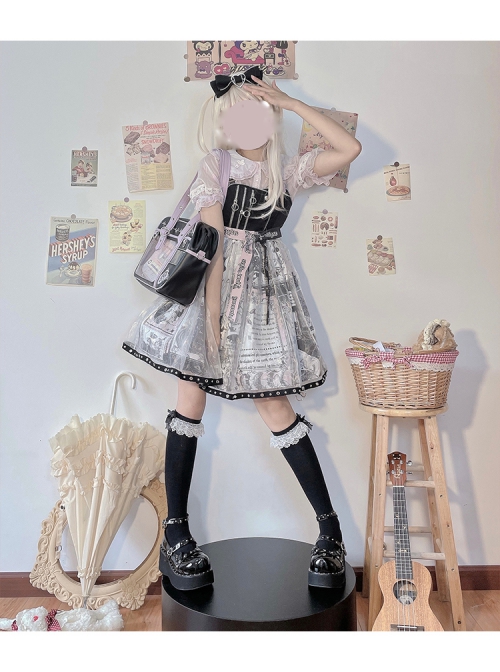 Little Tengu Series JSK Black Printing Tulle Hem Black Cute Punk Street Gothic Lolita Sling Dress