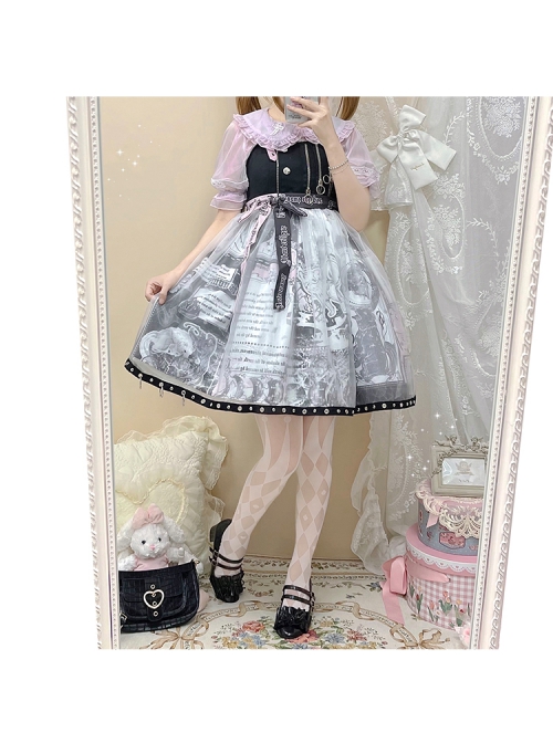 Little Tengu Series JSK Black Printing Tulle Hem Black Cute Punk Street Gothic Lolita Sling Dress