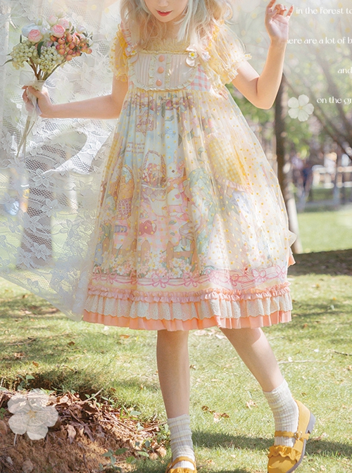 Afternoon Sweet Tea Series JSK Wave Dot Tulle Hem Cute Printing Sweet Lolita Yellow Sling Dress Short Sleeve Shirt Set