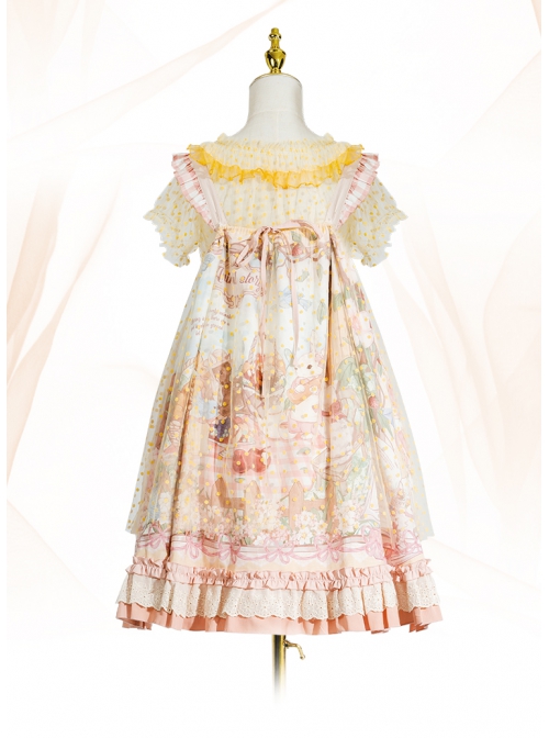 Afternoon Sweet Tea Series JSK Wave Dot Tulle Hem Cute Printing Sweet Lolita Yellow Sling Dress Short Sleeve Shirt Set