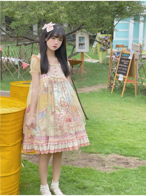 Afternoon Sweet Tea Series JSK Wave Dot Tulle Hem Cute Printing Sweet Lolita Yellow Sling Dress Short Sleeve Shirt Set