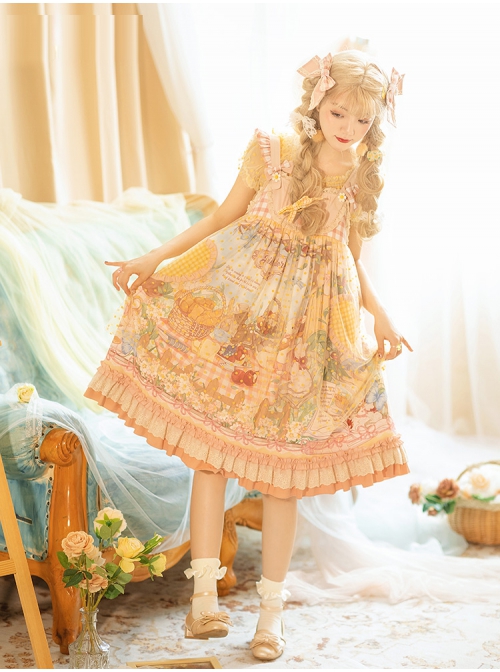 Afternoon Sweet Tea Series JSK Wave Dot Tulle Hem Cute Printing Sweet Lolita Yellow Sling Dress Short Sleeve Shirt Set