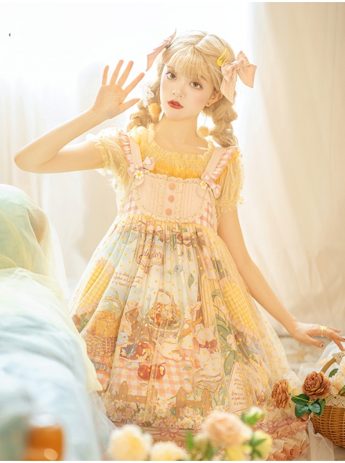 Afternoon Sweet Tea Series JSK Wave Dot Tulle Hem Cute Printing Sweet Lolita Yellow Sling Dress Short Sleeve Shirt Set