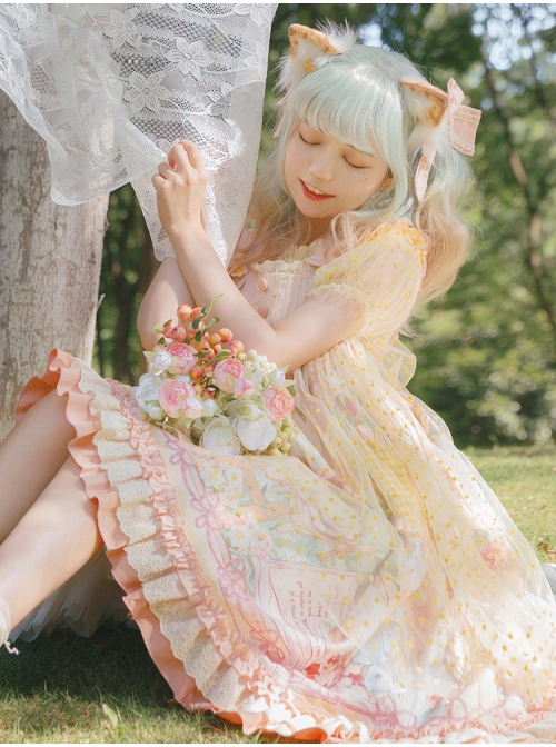 Afternoon Sweet Tea Series JSK Wave Dot Tulle Hem Cute Printing Sweet Lolita Yellow Sling Dress Short Sleeve Shirt Set