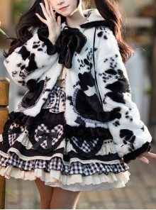 Black Face Sheep Series Bowknot Black White Plush Cute Sweet Lolita Short Hooded Coat