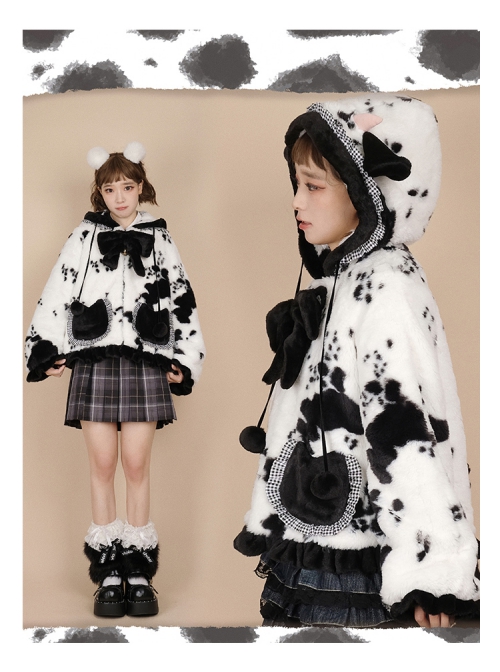 Black Face Sheep Series Bowknot Black White Plush Cute Sweet Lolita Short Hooded Coat