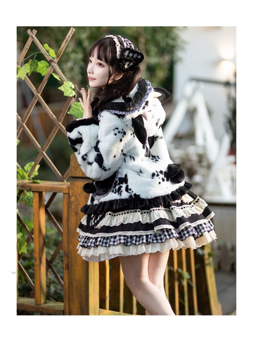 Black Face Sheep Series Bowknot Black White Plush Cute Sweet Lolita Short Hooded Coat