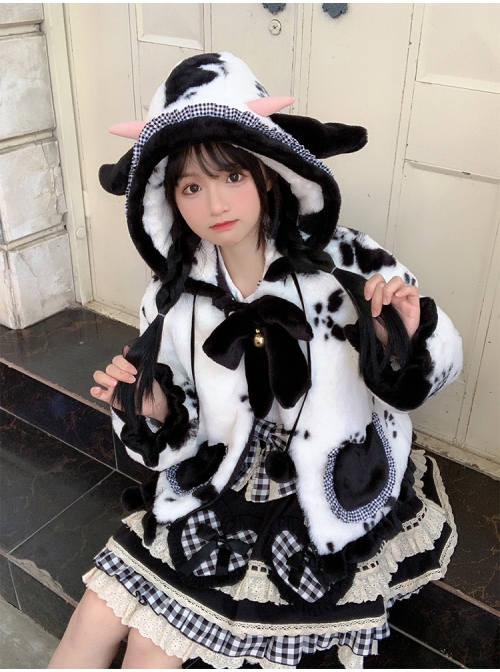 Black Face Sheep Series Bowknot Black White Plush Cute Sweet Lolita Short Hooded Coat