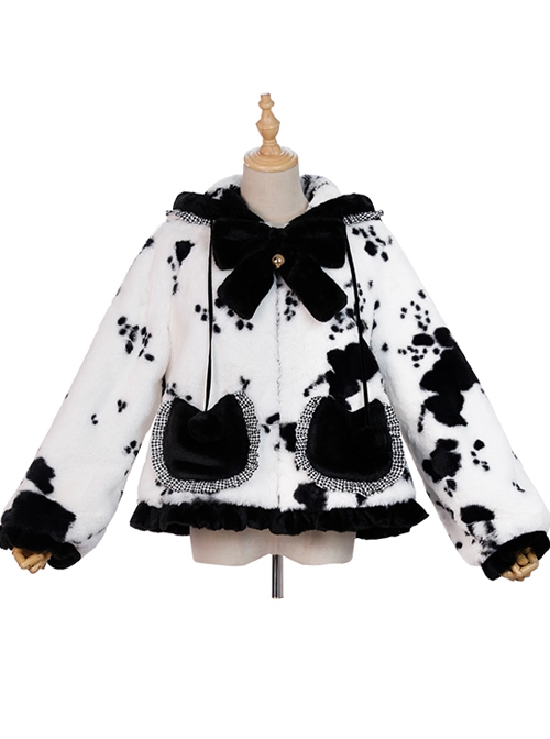 Black Face Sheep Series Bowknot Black White Plush Cute Sweet Lolita Short Hooded Coat