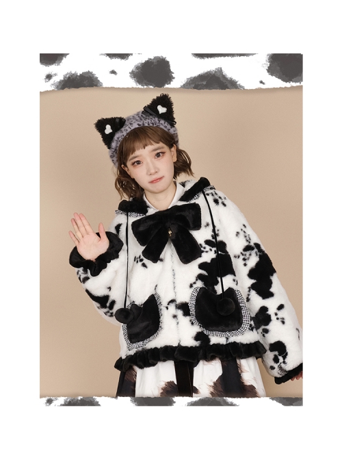 Black Face Sheep Series Bowknot Black White Plush Cute Sweet Lolita Short Hooded Coat