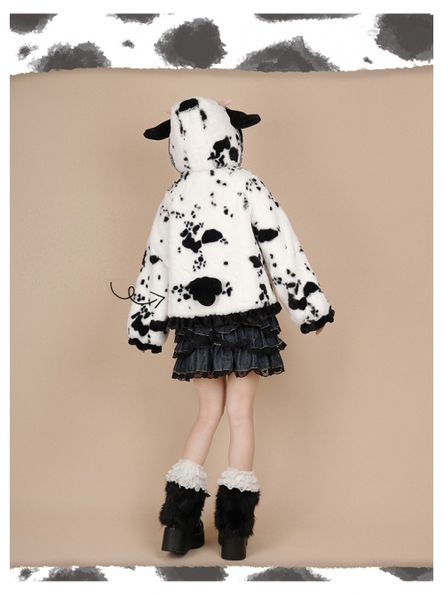 Black Face Sheep Series Bowknot Black White Plush Cute Sweet Lolita Short Hooded Coat