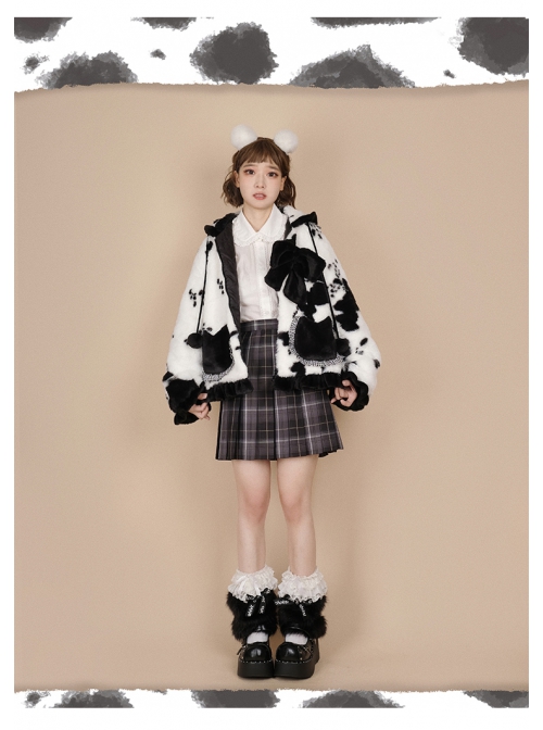 Black Face Sheep Series Bowknot Black White Plush Cute Sweet Lolita Short Hooded Coat