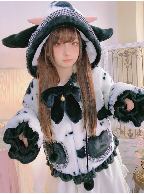 Black Face Sheep Series Bowknot Black White Plush Cute Sweet Lolita Short Hooded Coat