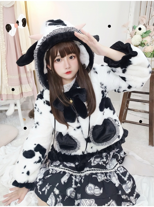 Black Face Sheep Series Bowknot Black White Plush Cute Sweet Lolita Short Hooded Coat