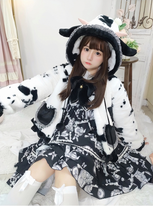 Black Face Sheep Series Bowknot Black White Plush Cute Sweet Lolita Short Hooded Coat