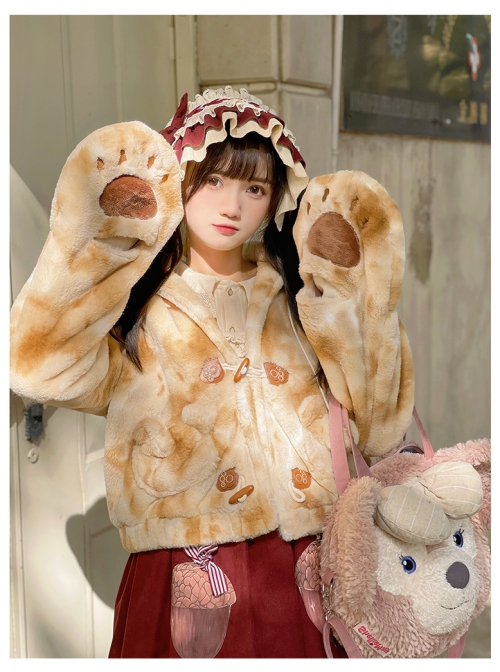 Brown Bear Plush Cute Sweet Lolita Bear Ears Hooded Winter Thicken Short Coat