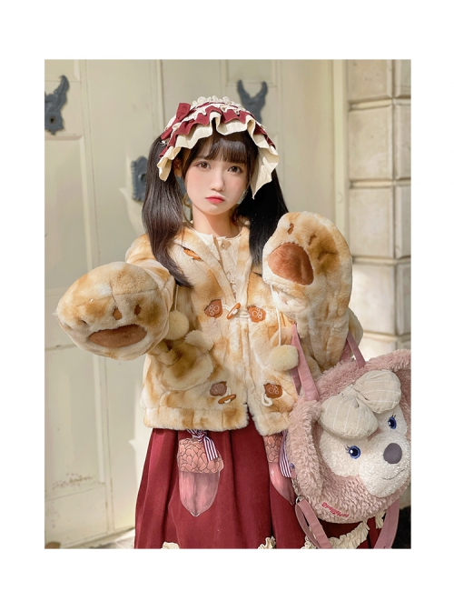 Brown Bear Plush Cute Sweet Lolita Bear Ears Hooded Winter Thicken Short Coat