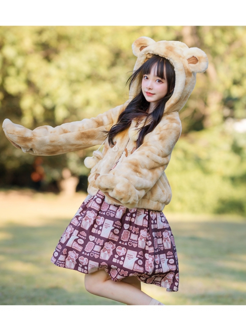 Brown Bear Plush Cute Sweet Lolita Bear Ears Hooded Winter Thicken Short Coat