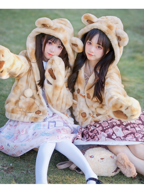 Brown Bear Plush Cute Sweet Lolita Bear Ears Hooded Winter Thicken Short Coat