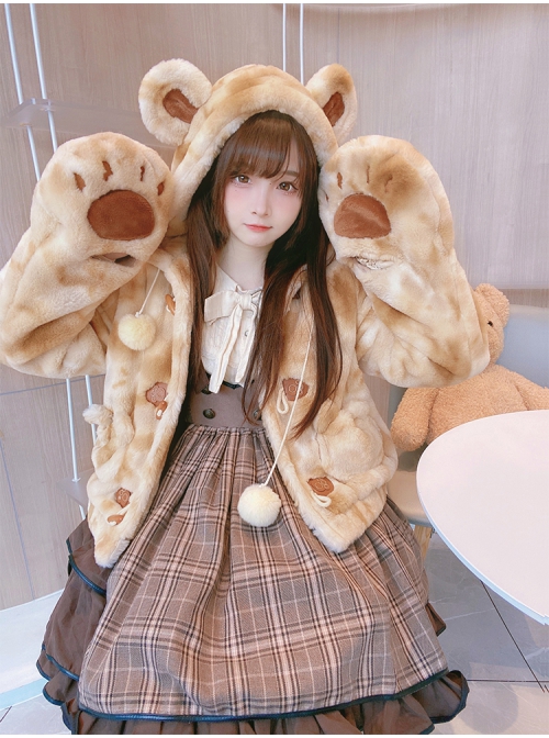 Brown Bear Plush Cute Sweet Lolita Bear Ears Hooded Winter Thicken Short Coat