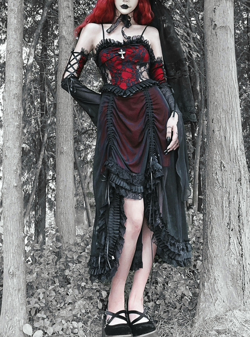 Night Visit Vampire Series Gothic Black Red Drawstring Christmas Lace Darkness Sling Dress With Hand Sleeves