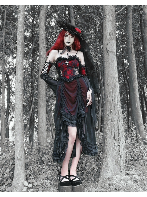 Night Visit Vampire Series Gothic Black Red Drawstring Christmas Lace Darkness Sling Dress With Hand Sleeves