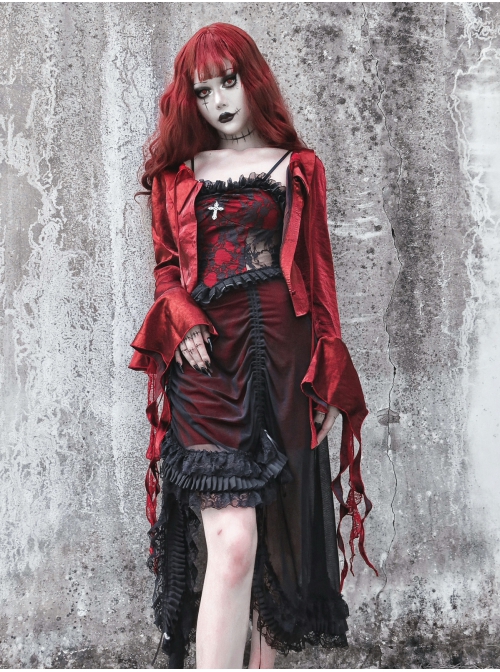 Night Visit Vampire Series Gothic Black Red Drawstring Christmas Lace Darkness Sling Dress With Hand Sleeves