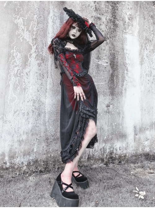 Night Visit Vampire Series Gothic Black Red Drawstring Christmas Lace Darkness Sling Dress With Hand Sleeves