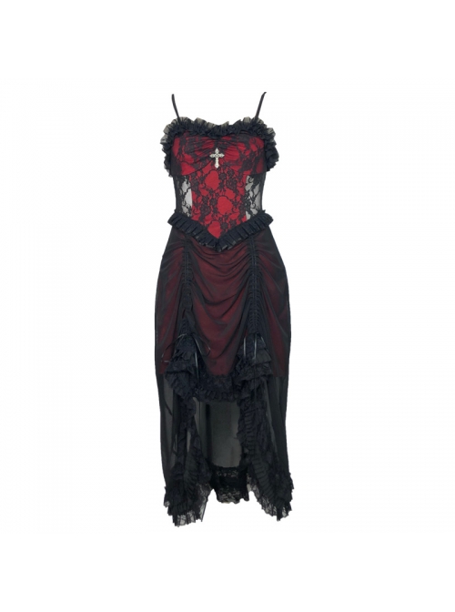 Night Visit Vampire Series Gothic Black Red Drawstring Christmas Lace Darkness Sling Dress With Hand Sleeves