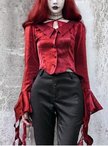 Night Visit Vampire Series Pigeon Blood Red Lotus Leaf Sleeve Glossy V-neck Gothic Shirt Top