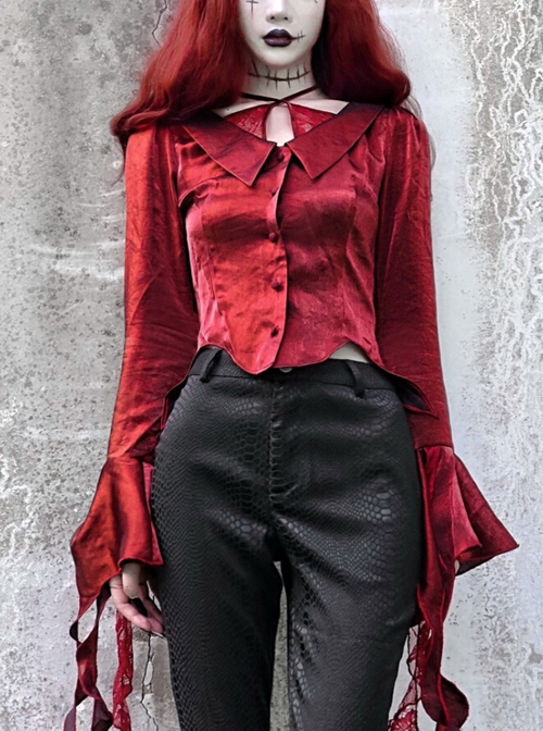 Night Visit Vampire Series Pigeon Blood Red Lotus Leaf Sleeve Glossy V-neck Gothic Shirt Top