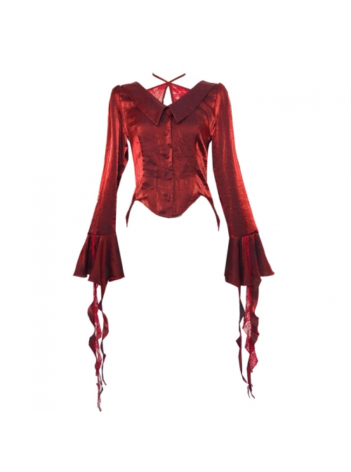 Night Visit Vampire Series Pigeon Blood Red Lotus Leaf Sleeve Glossy V-neck Gothic Shirt Top