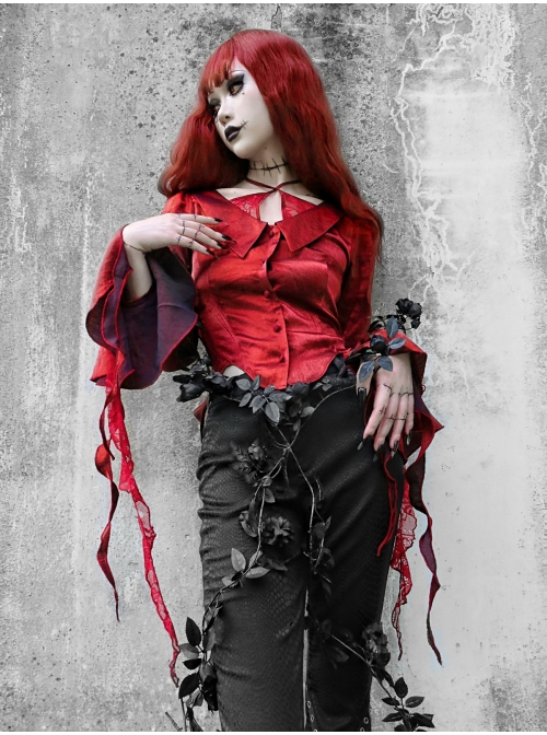 Night Visit Vampire Series Pigeon Blood Red Lotus Leaf Sleeve Glossy V-neck Gothic Shirt Top