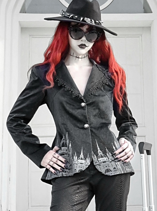 Night Visit Vampire Series Black PU Leather Printing Classic Gothic Lace Lapel Slim Waist Suit Jacket Autumn