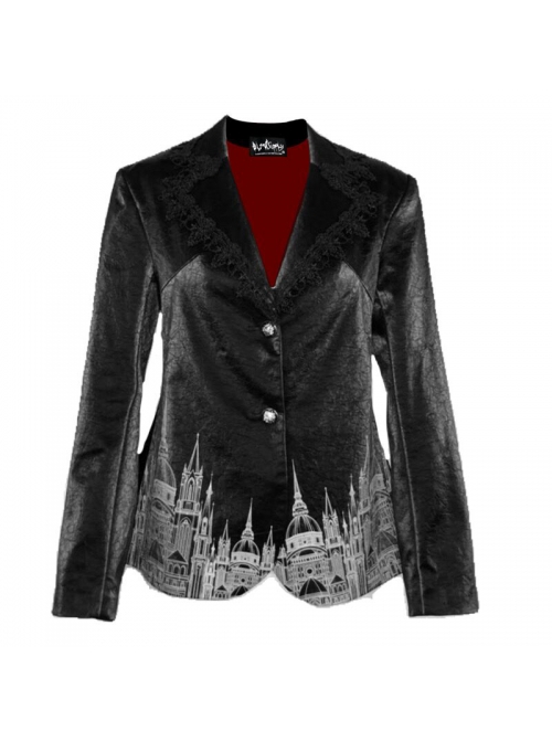 Night Visit Vampire Series Black PU Leather Printing Classic Gothic Lace Lapel Slim Waist Suit Jacket Autumn