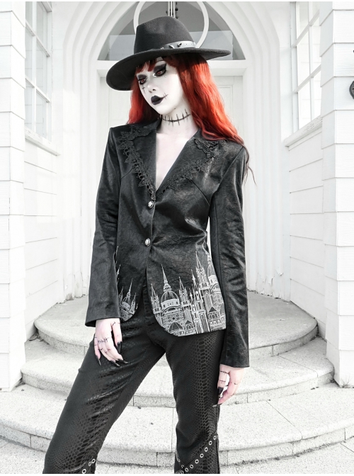 Night Visit Vampire Series Black PU Leather Printing Classic Gothic Lace Lapel Slim Waist Suit Jacket Autumn