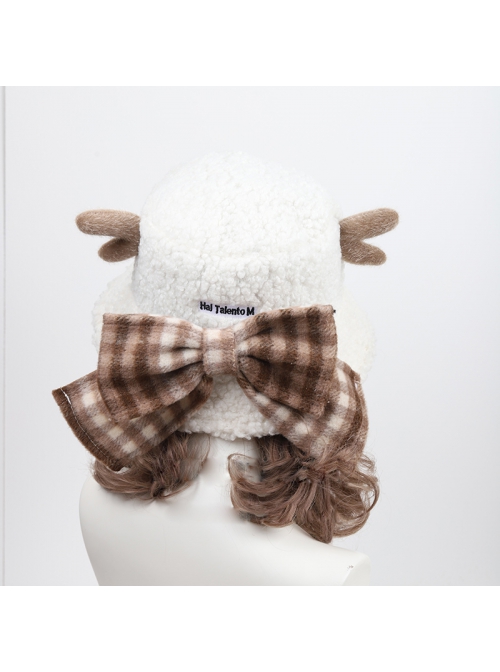 Christmas Autumn Winter Bowknot Sweet Lolita White Plush Elk Antler Bucket Hat