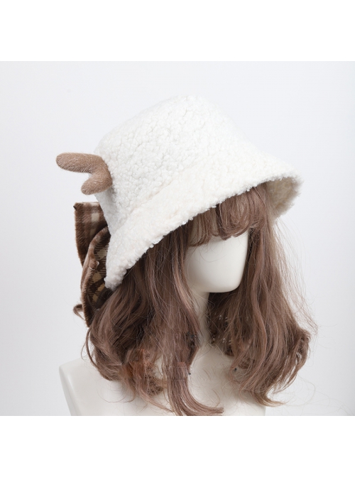 Christmas Autumn Winter Bowknot Sweet Lolita White Plush Elk Antler Bucket Hat