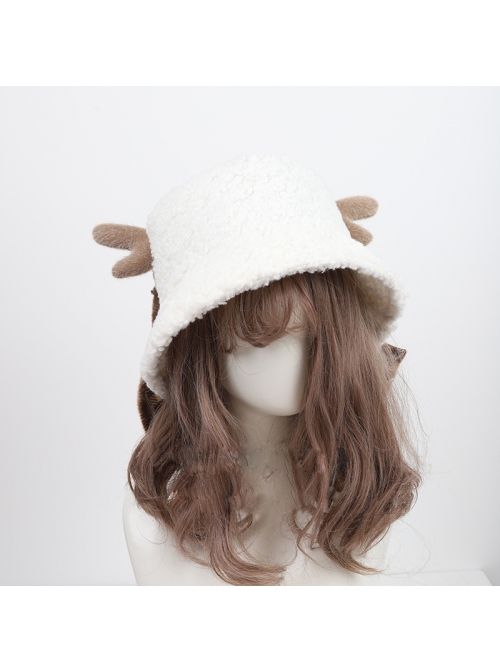 Christmas Autumn Winter Bowknot Sweet Lolita White Plush Elk Antler Bucket Hat
