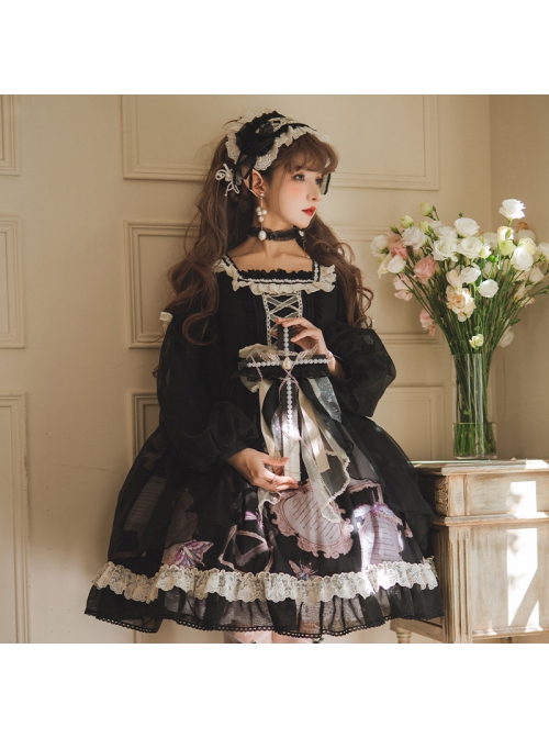 Gem Insect Series OP Printing Darkness Elegant Gothic Lolita Black Long Sleeve Dress