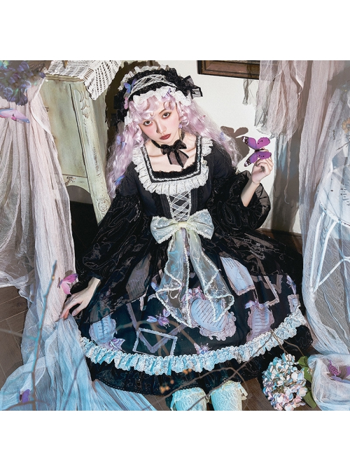 Gem Insect Series OP Printing Darkness Elegant Gothic Lolita Black Long Sleeve Dress