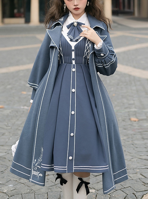 Book Of Lies Series JSK Concise Elegant Military Style Classic Lolita Blue Long Lapel Coat